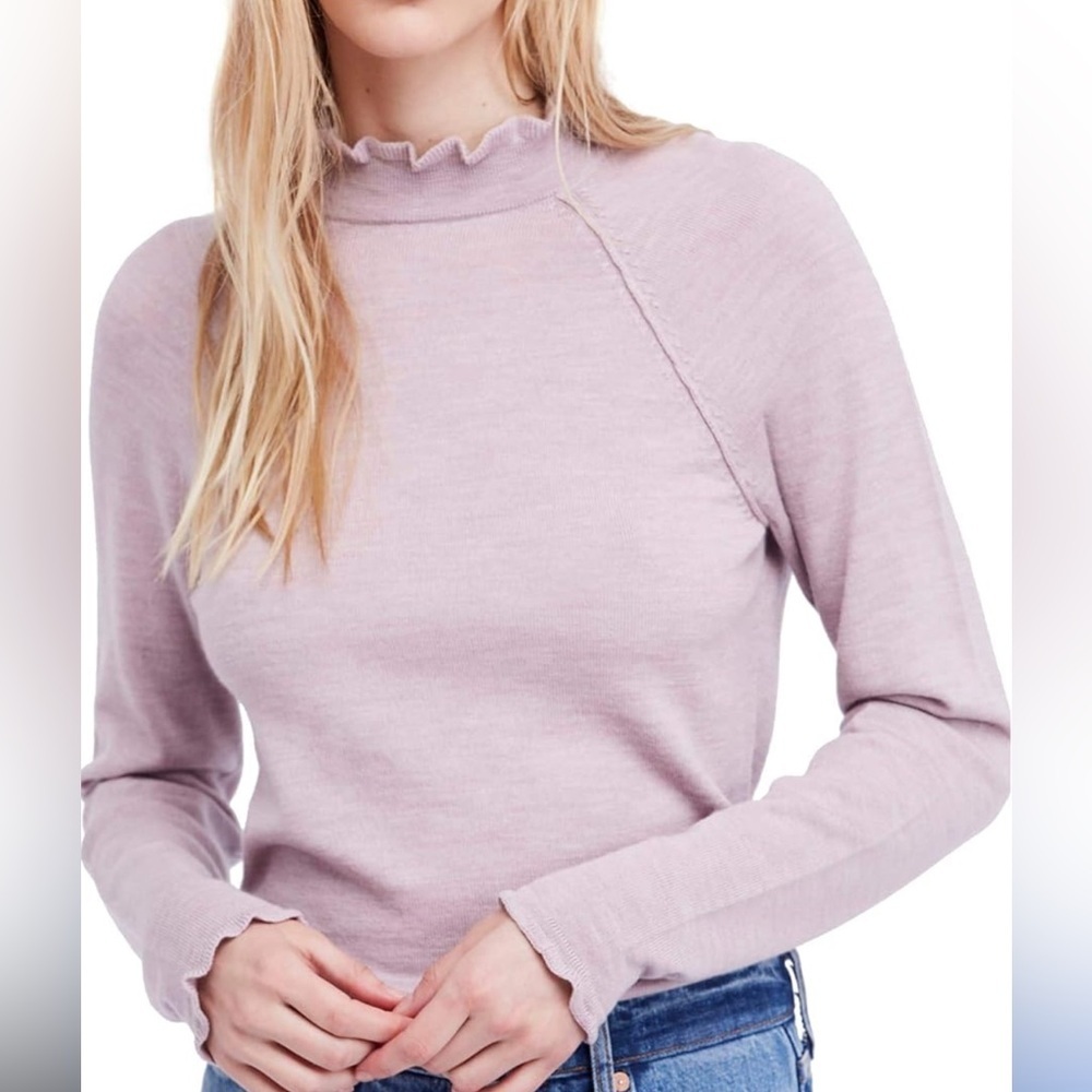 Free People 100% Merino Wool Lilac Ruffle Trim Sweater Size M
